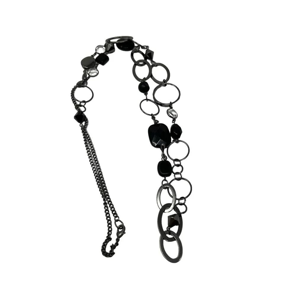 Chain‎ and Beaded Necklace Boho Gunmetal Black and Clear Lucite Beads 36 inch